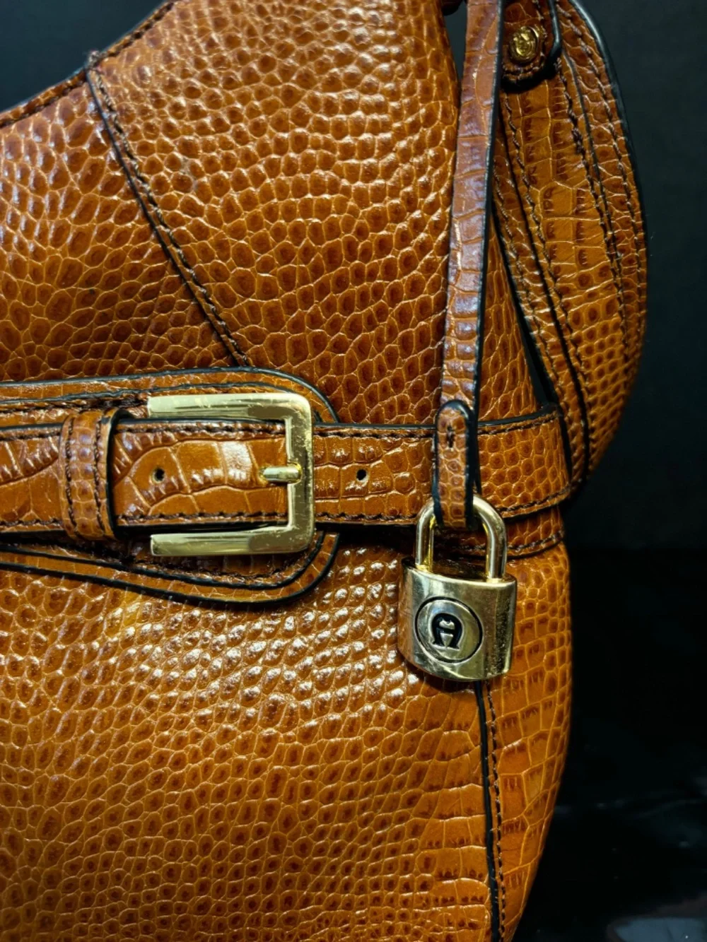 Etienne Aigner Brown Embossed Leather Shoulder Bag Croc Texture Classic Hobo